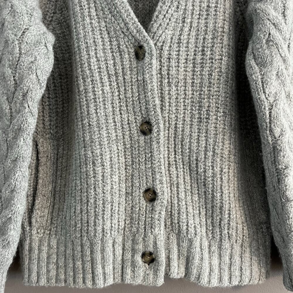 Lucky Brand Cable Knit Cardigan Sweater Wool Blend Chunky V-neck Pockets Gray M - Picture 5 of 16